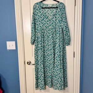 Oysho Maxi Dress Large Teal Cotton Long Sleeve Tiered Boho Cottagecore Coquette
